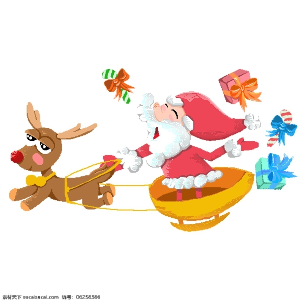 手绘 卡通 圣诞老人 拉 麋鹿 奔跑 原创 元素 圣诞节 礼物 庆祝 原创元素 设计元素