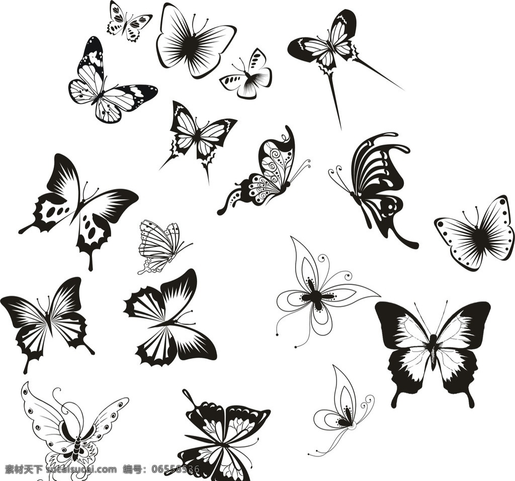矢量图 剪影 线描图 元素 黑白 动物 蝴蝶 卡通 花边 背景 花朵 翅膀 生物世界 昆虫