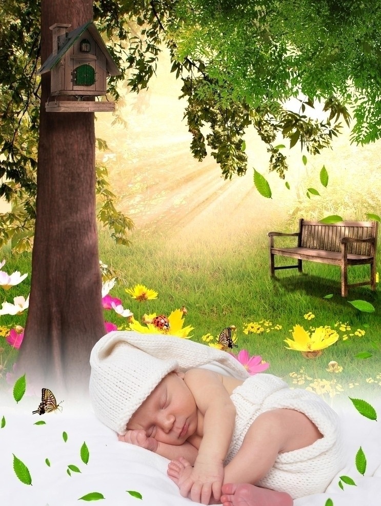 宝宝 旅馆灯片 树林 森林 睡觉宝宝 蝴蝶 林间草地 长椅 鸟窝 可爱的宝宝 落叶 广告设计模板 源文件