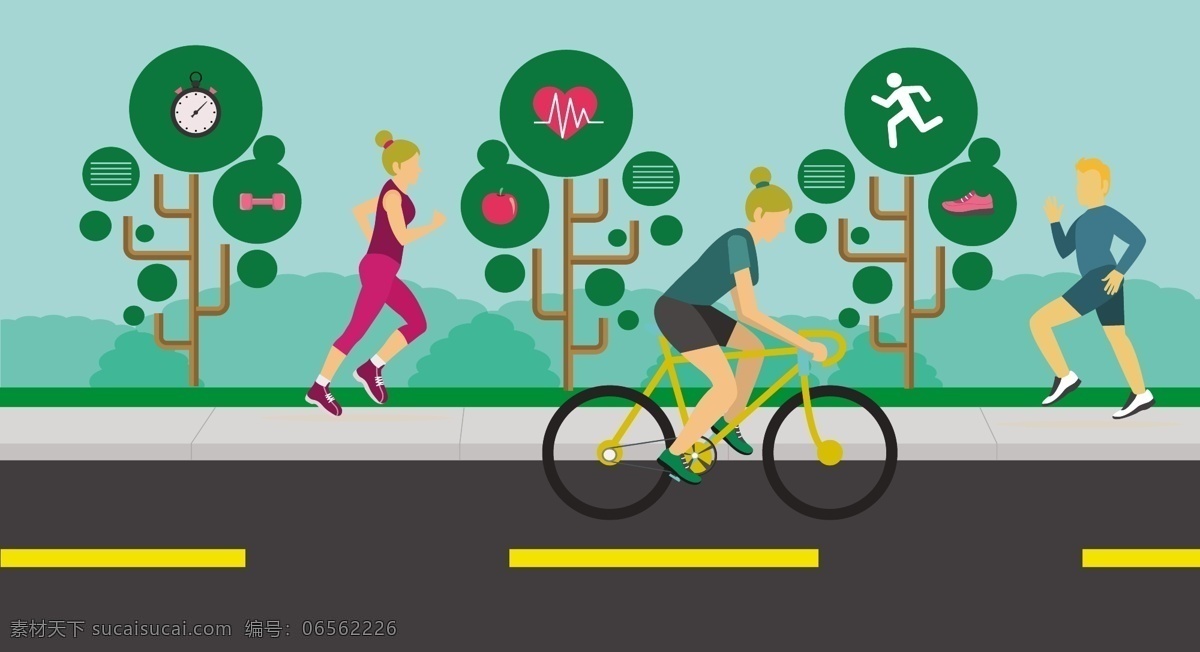 全民 健康 运动 矢量图 健康运动 跑步 骑自行车
