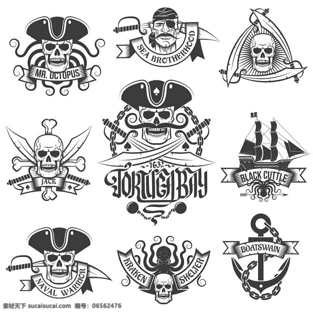 船锚海盗标签 插画 矢量素材 船锚 海盗 标签 创意植物 矢量标签 骷髅