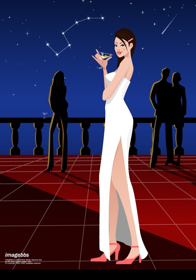 宴会美女 女性生活 聚会 晚会 露台 栏杆 赏星的人群 璀璨星空 北斗七星 流星 落单的美女 一袭长裙 白色连衣裙 修长身材 优雅身姿 高跟鞋 高脚杯 发夹 矢量人物 妇女女性 韩国矢量女性 矢量图库