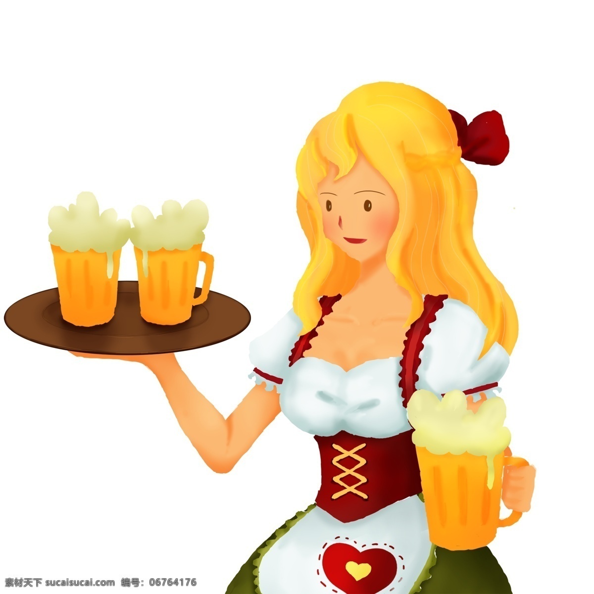 复古 德国 酒杯 啤酒 女郎 人物 少女 插画 手绘 慕尼黑 啤酒节 啤酒女郎