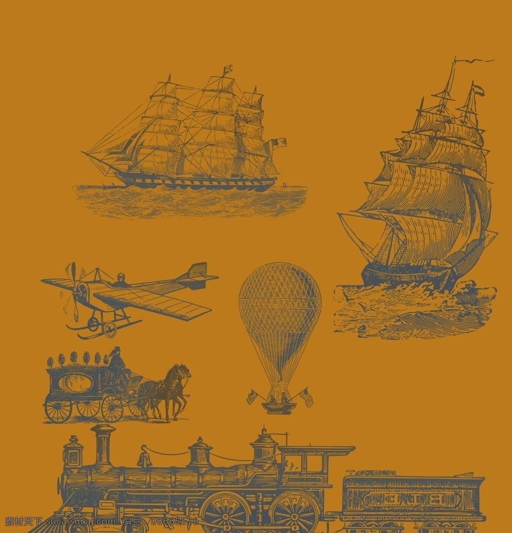 手绘图片 手绘船 手绘飞机 手绘气球 手绘火车 手绘马车 分层 源文件