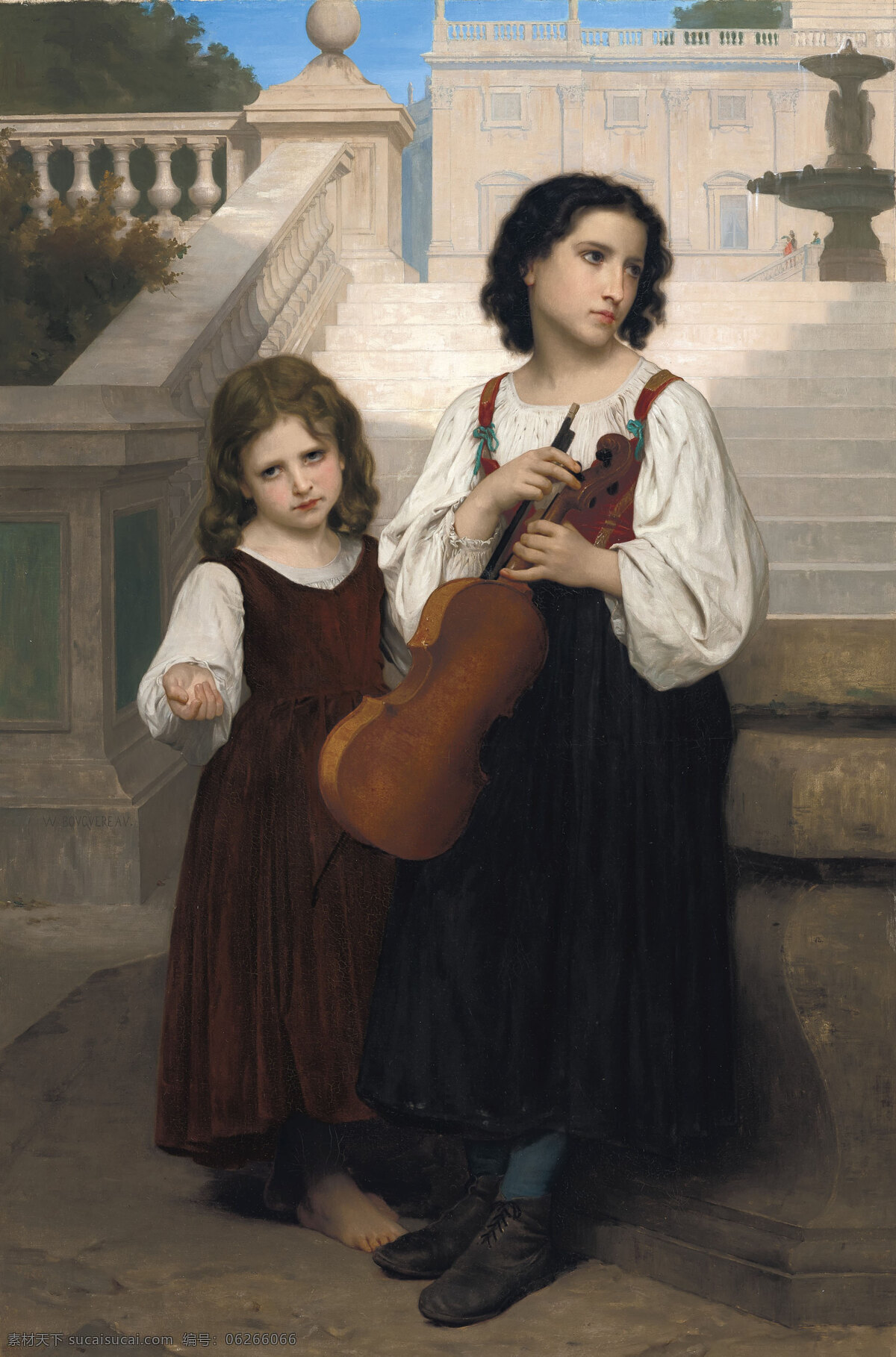 威廉 阿道夫 布格罗作品 法国画家 两位姑娘 庄园 喷泉边 手提小提琴 19世纪油画 油画 文化艺术 绘画书法