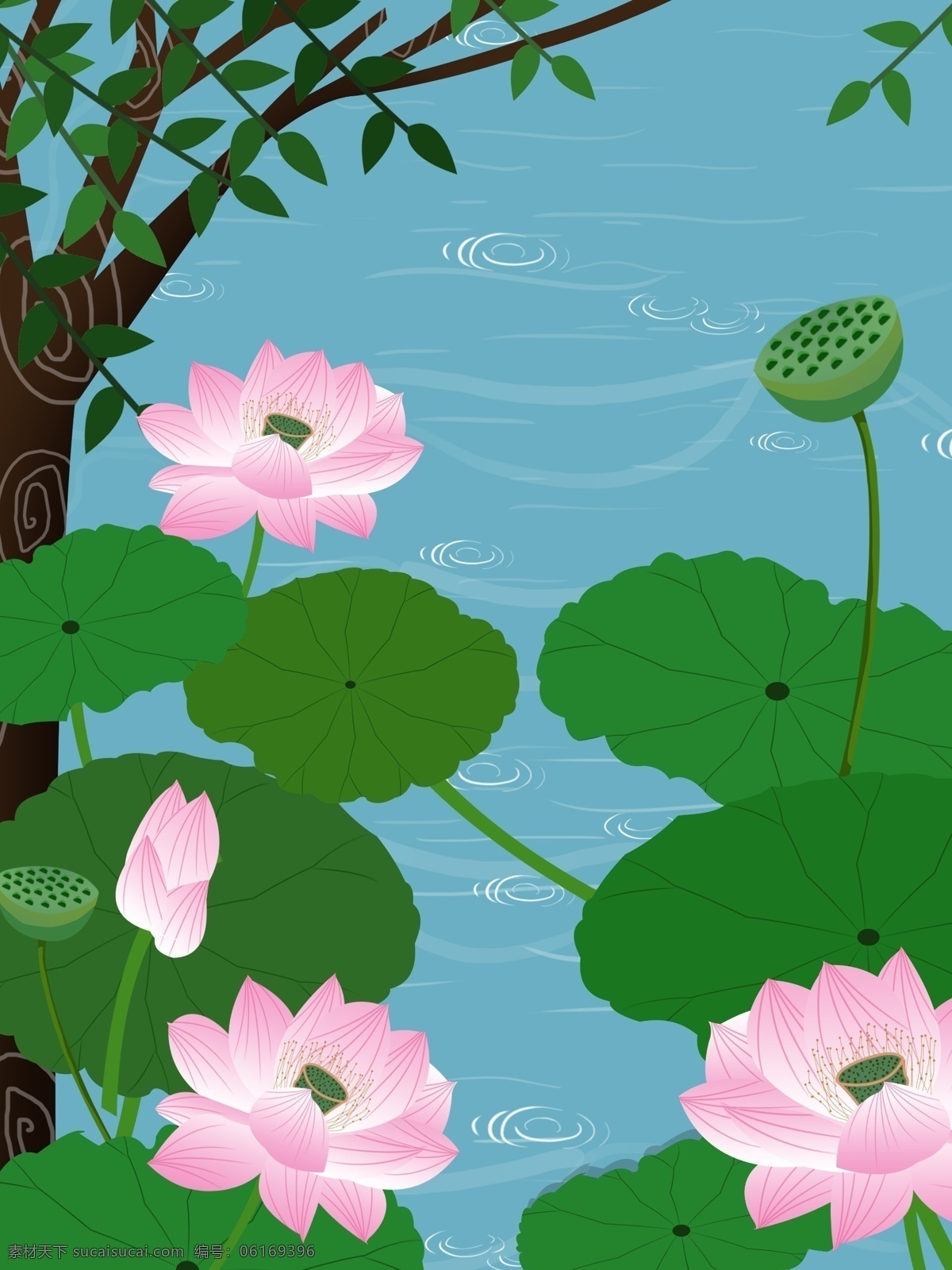 夏日 荷叶 荷花 池塘 背景 卡通 彩色 创意 装饰 设计背景 海报背景 简约 图案