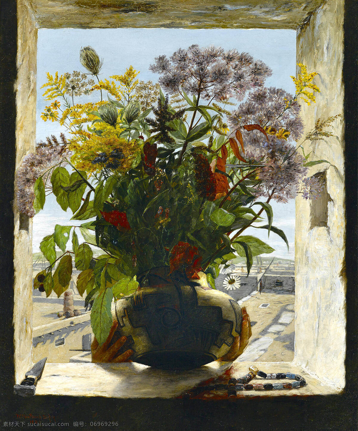 静物鲜花 窗台 花罐 混搭鲜花 一双手 搬移 20世纪油画 油画 文化艺术 绘画书法