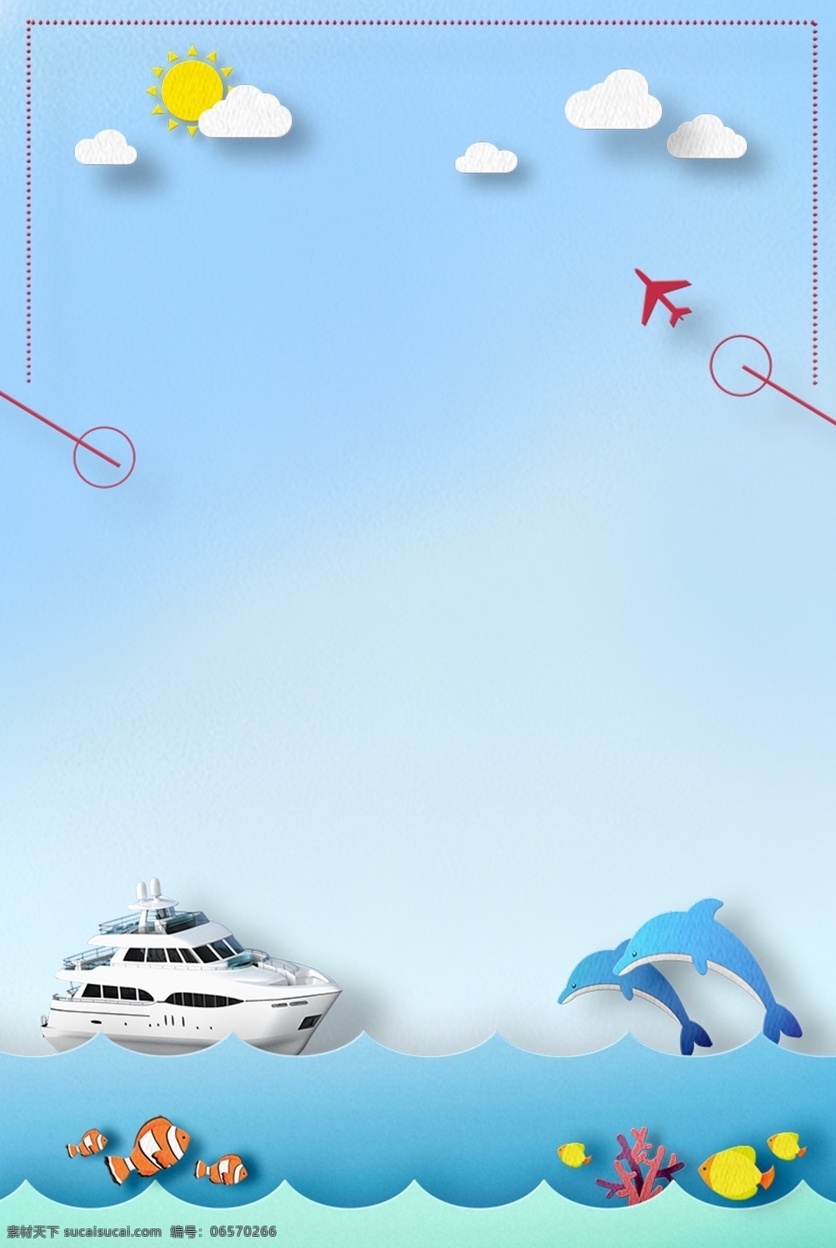 夏季 旅游 蓝色 清新 简约 海报 游艇 海豚 蓝天 白云 线条 边框 飞机