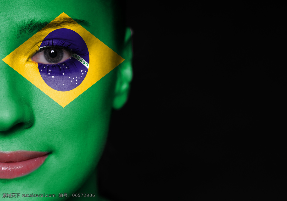 脸上 涂 世界杯 标志 女人 绿色 足球 巴西 体育运动 生活百科