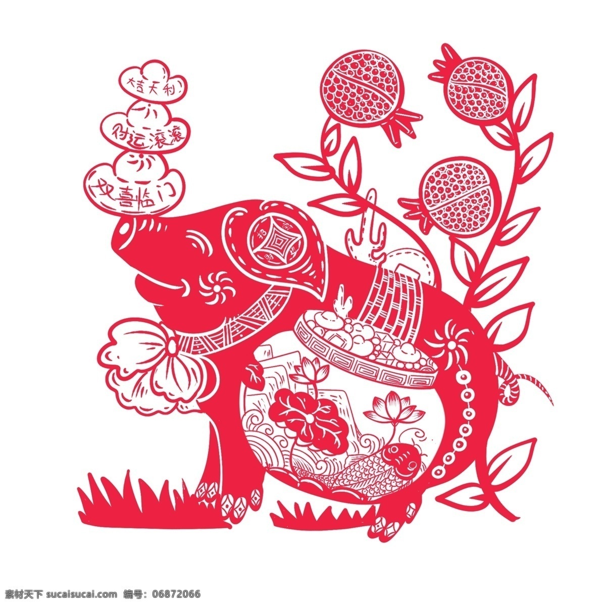 2019 中国 风 春节 猪年 剪纸 锦鲤 摇钱树 石榴 荷花 中国风 聚宝盆 五谷丰登 年娃 福娃 金元宝