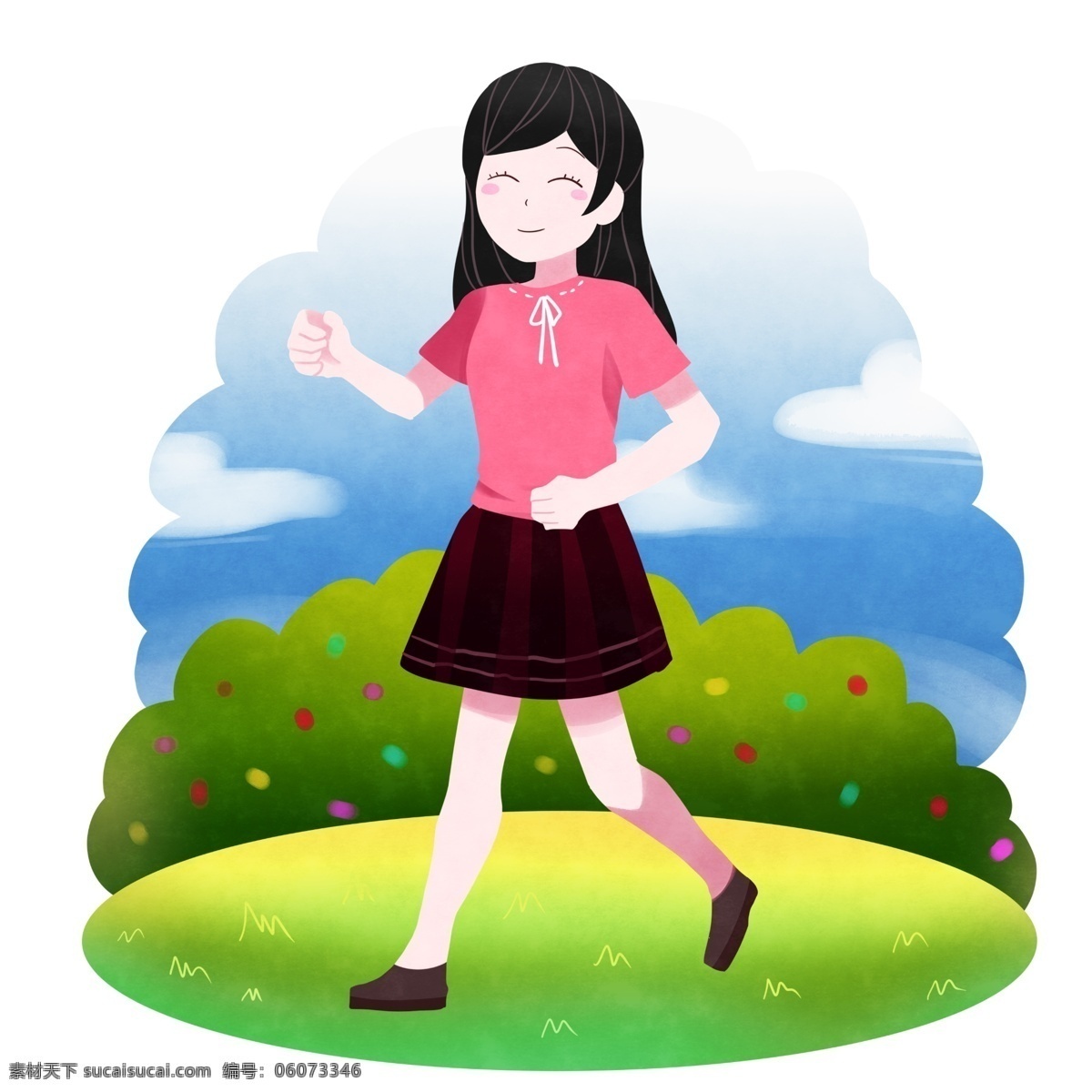 清明节 踏青 小女孩 插画 踏青的小女孩 清明节插画 绿色草坪 植物装饰 春游 郊游 蓝天白云 卡通插画