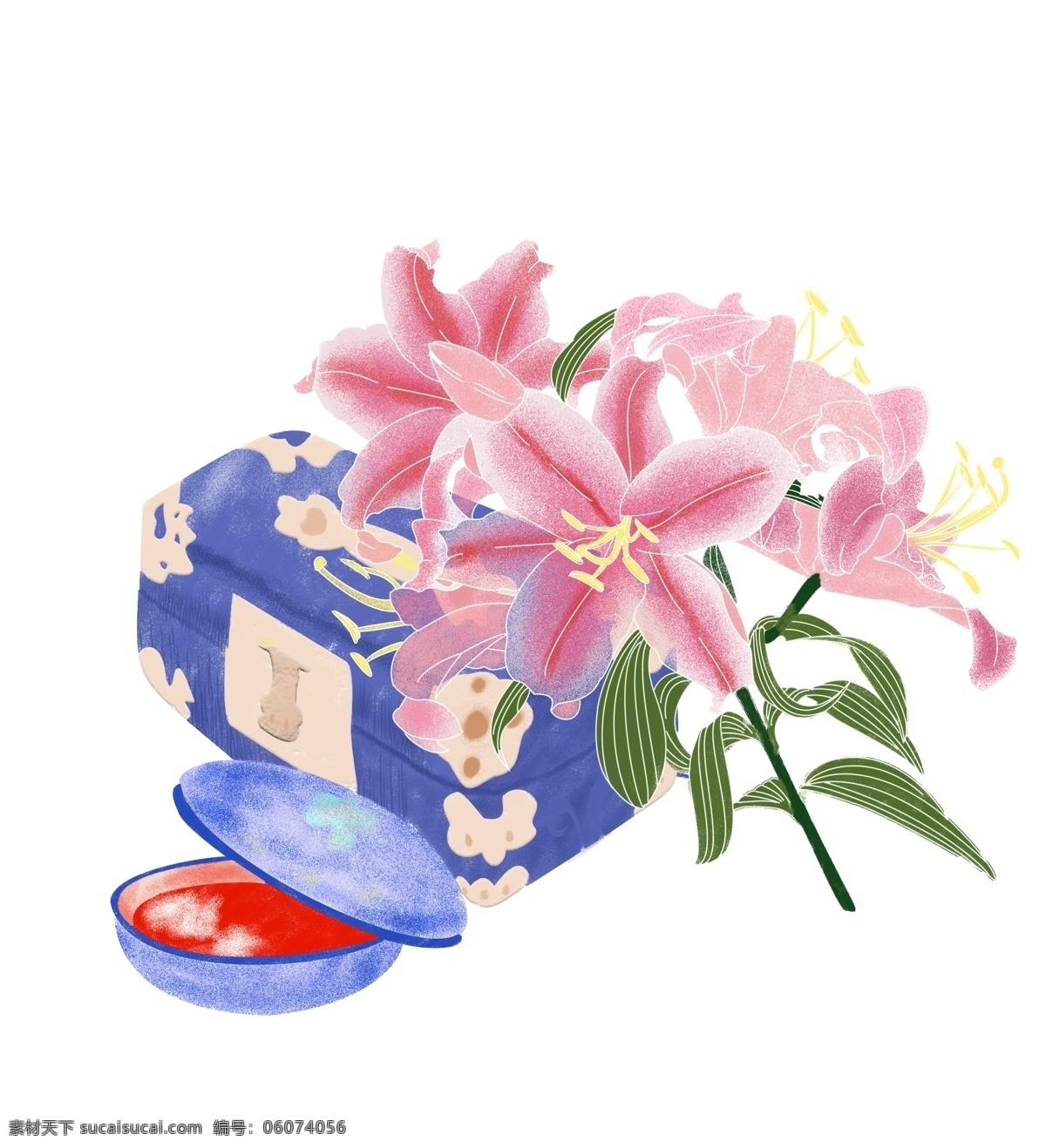 中国 风 百合花 手绘 矢量图 中国风 古风 古典 高贵 胭脂 饰品盒 红色 小物件 好看的百合花 花卉