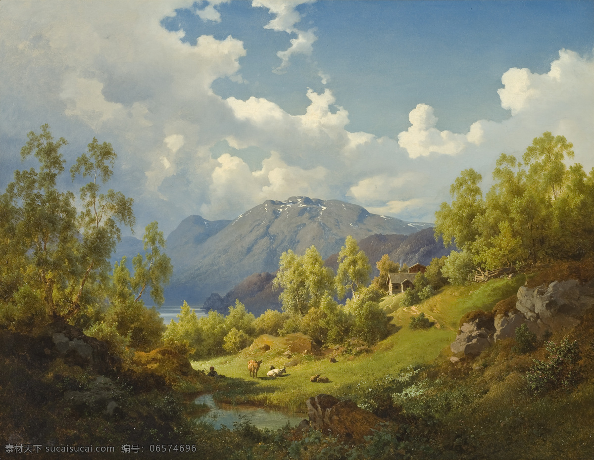 约 阿里 姆 克里斯蒂安 弗里奇 作品 挪威 河谷景观 初秋时节 远山 树林 小溪 19世纪油画 油画 文化艺术 绘画书法
