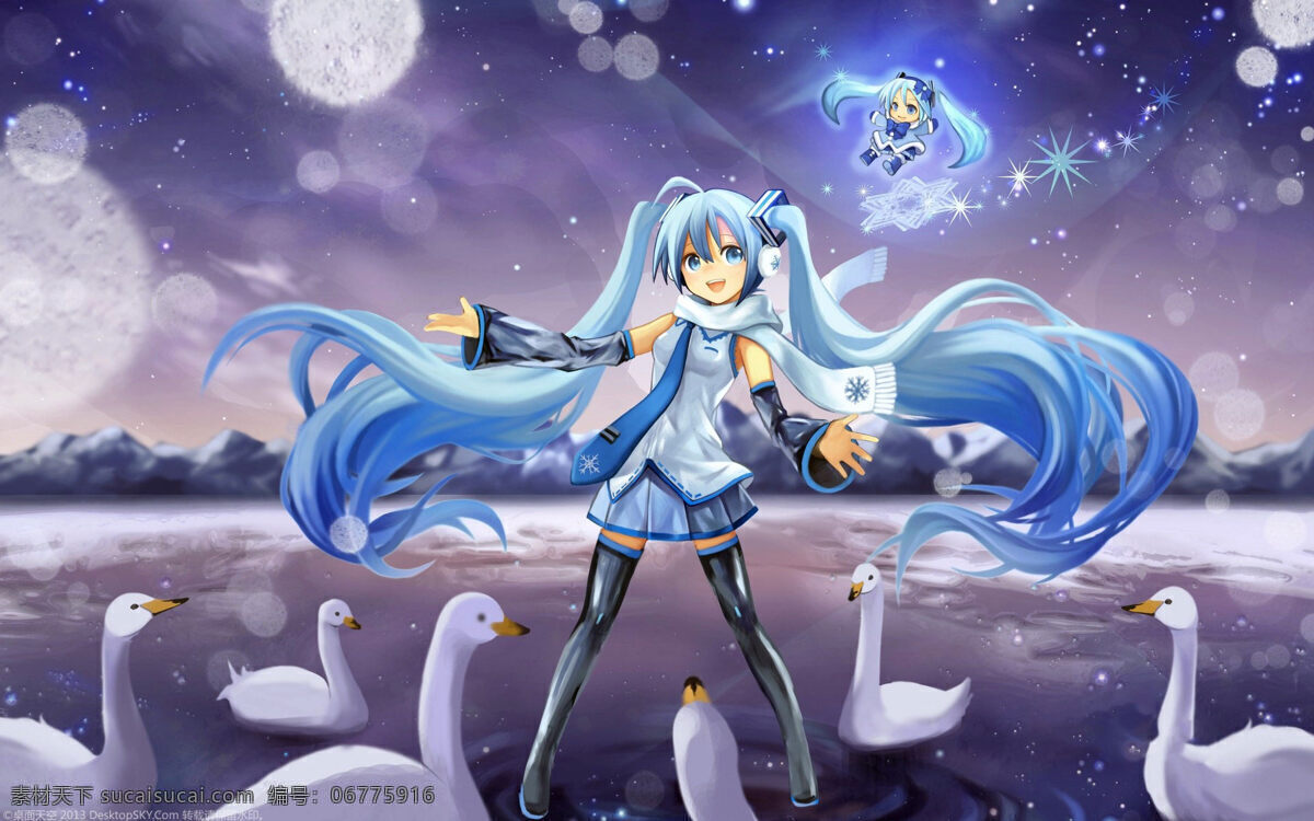 雪 初 音 miku 蓝色 天鹅 天空 衣服 卡通 动漫 可爱