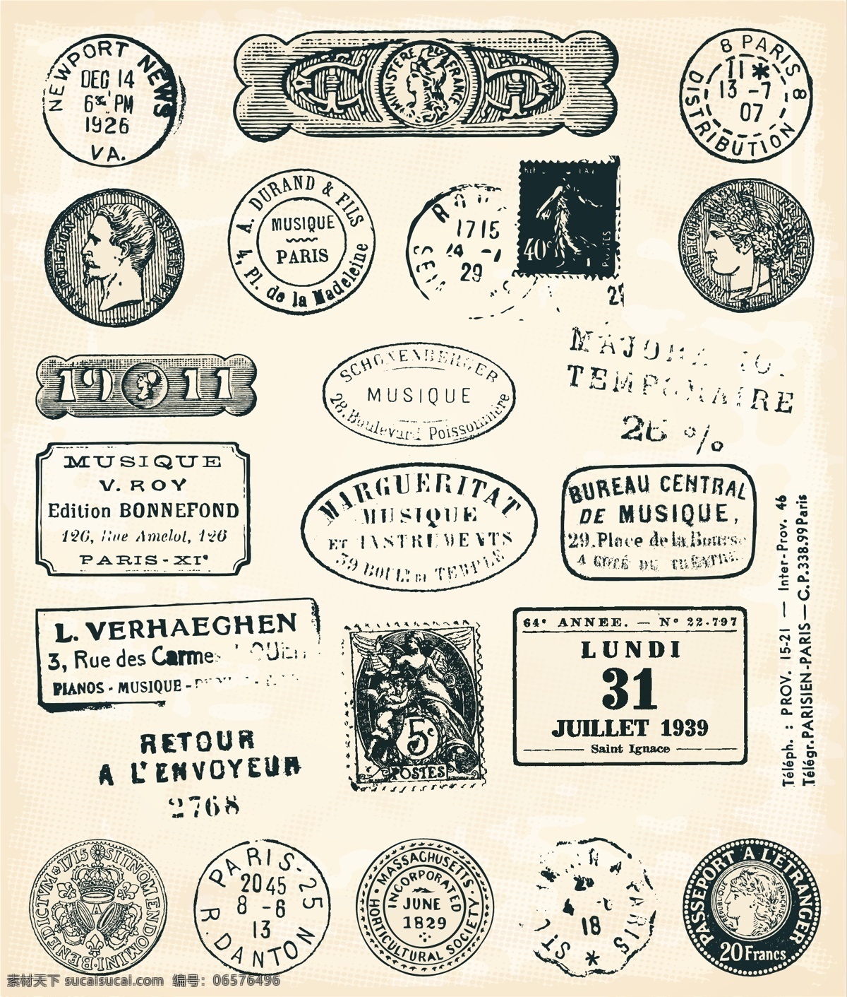 圆形 复古 手绘 物件 标签 硬币 矢量 源文件 年代
