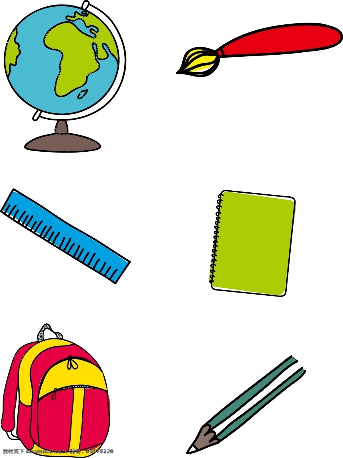 卡通 矢量 手绘 学生 文具用品 卡通矢量 文具 地球仪 画笔 尺子 本子 书包 铅笔 记录本 上学 学校 用具 教学