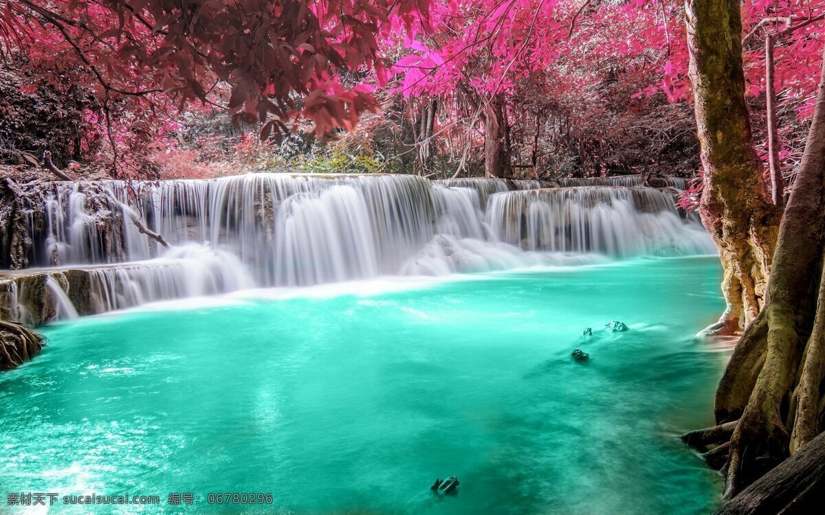 唯美 瀑布 高清 湖泊 蓝色 湖水 流水 山脉