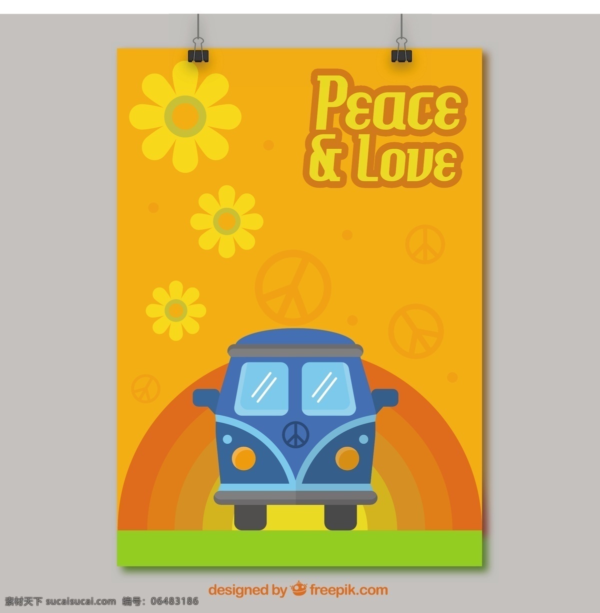 嬉皮士 海报 范 花 车 爱情 鲜花 交通 平安 符号 汽车 开花 象征着和平 运输 橙色