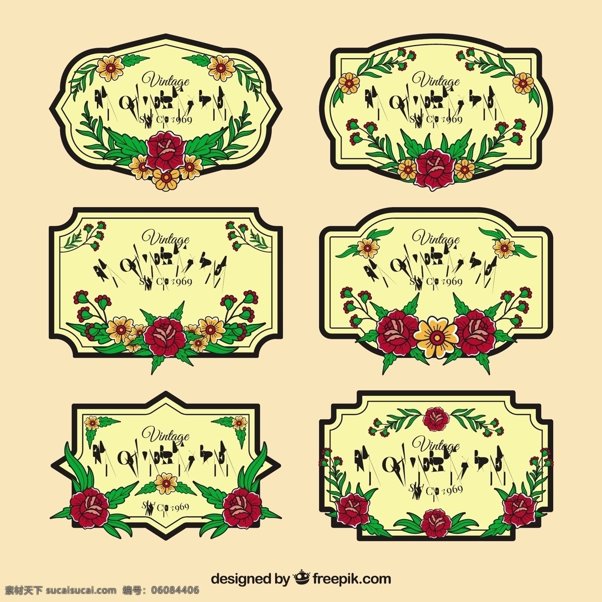 六 复古 风格 花卉 标签 六个 复古风格 花卉标签