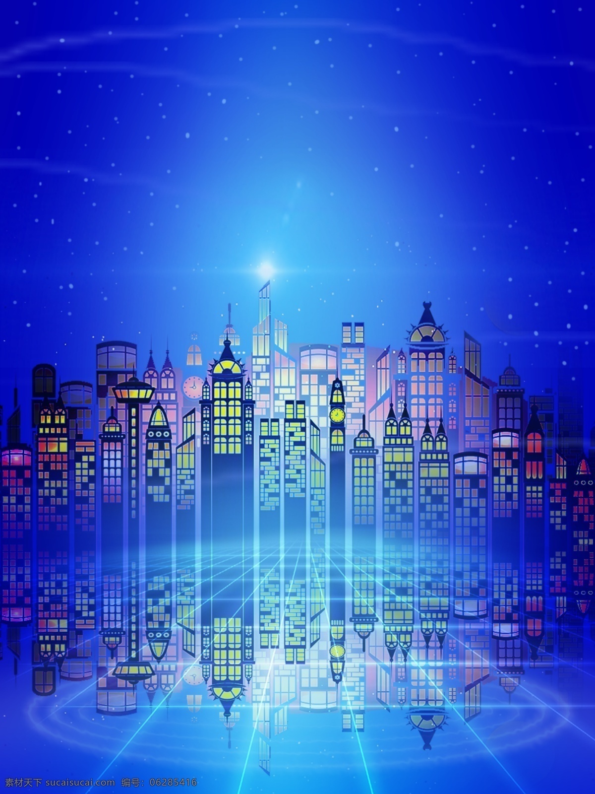 蓝色 科技 城市 背景 蓝色渐变背景 城市背景 星空背景 光效 科技线条 科技背景 城市大楼 城市倒影