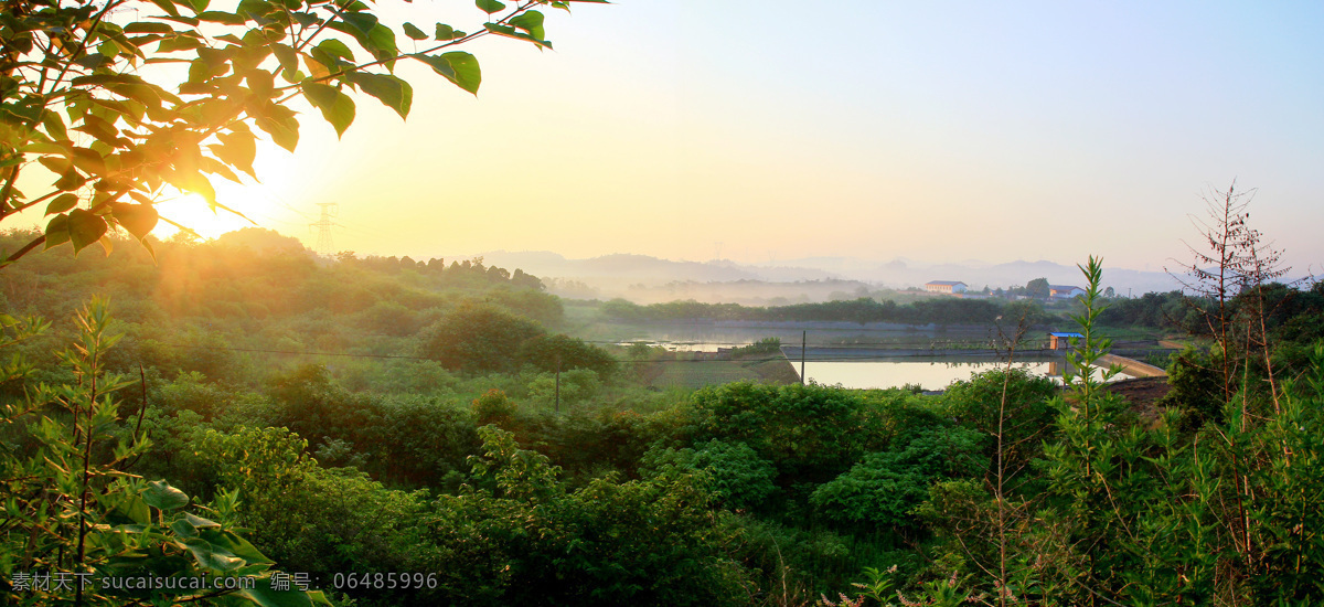 晨光 清晨 阳光 阳光照射 金色阳光 田野 云雾 树木 树叶 树林 远山 蓝天 风景杂谈 自然景观 自然风景