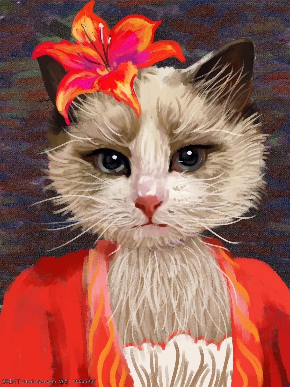 喵 记 印象 仿 油画 肌理 写实 原创 插画 红衣 忧郁 妩媚 拟人 喵记 花 戴花的猫 迷人