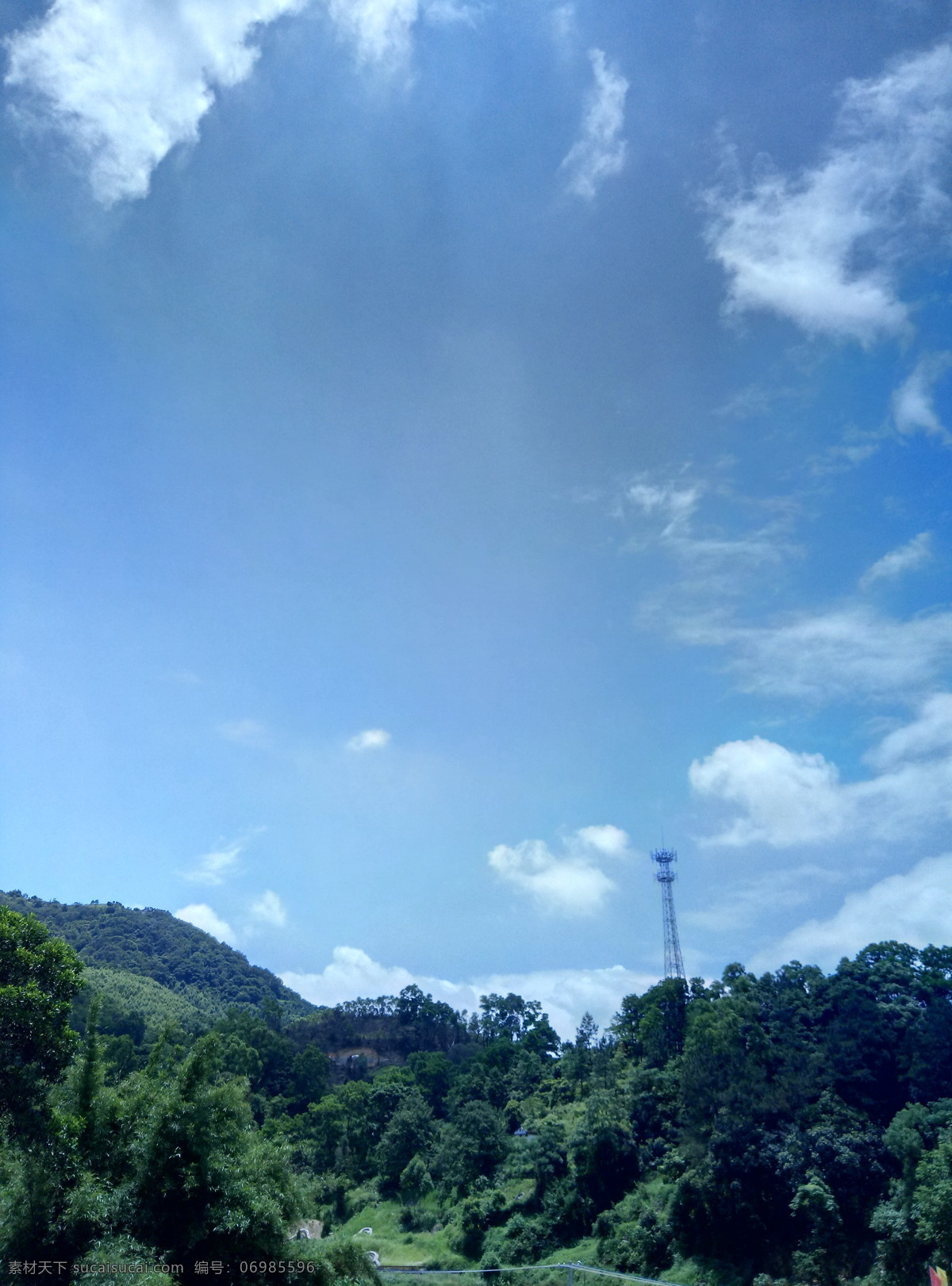 青山 天空 蓝天 白云 乡村 南方 夏天 铁塔 信号塔 自然风景 自然景观