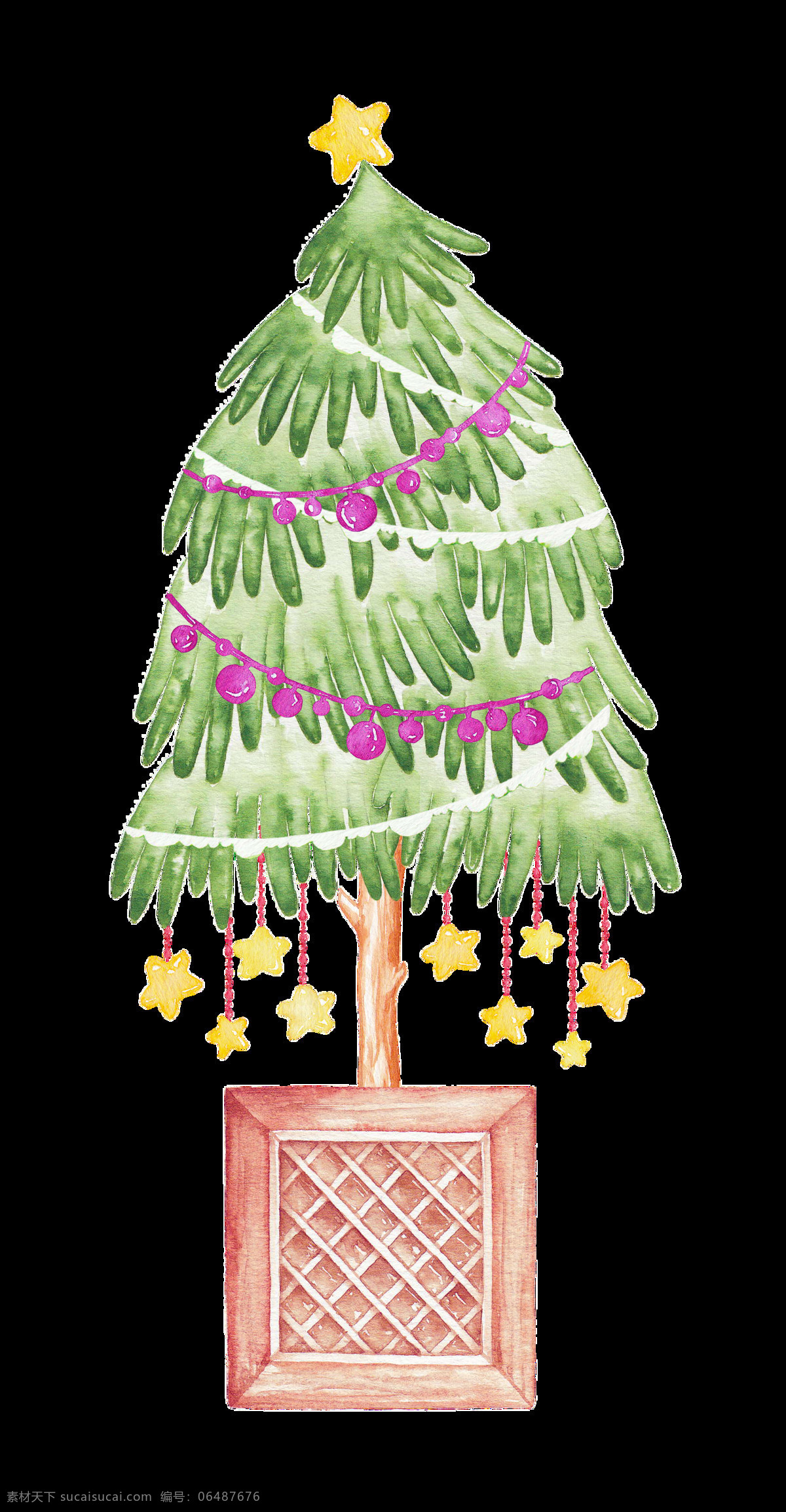 手绘 创意 圣诞树 透明 png素材 金黄色 绿色 免扣素材 星星 紫色