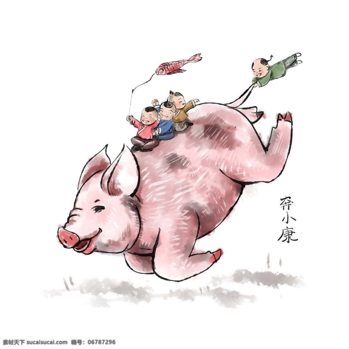 2019 春节 猪年 国画 系列 中国风 过年 猪 国画系列 金鱼旗 新年 水墨 水彩