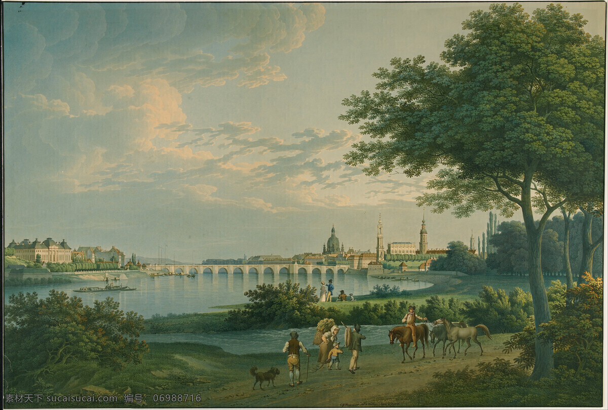 大桥 德国 河流 绘画书法 文化艺术 油画 游人 克里斯蒂安 戈特 布利 汉密尔 作品 德累斯顿 19世纪油画 家居装饰素材