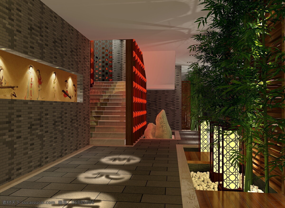 层 景观 茶楼 环境设计 楼梯 绿竹 设计图库 室内设计 一层景观 一层走廊 壁饰 天然石 家居装饰素材