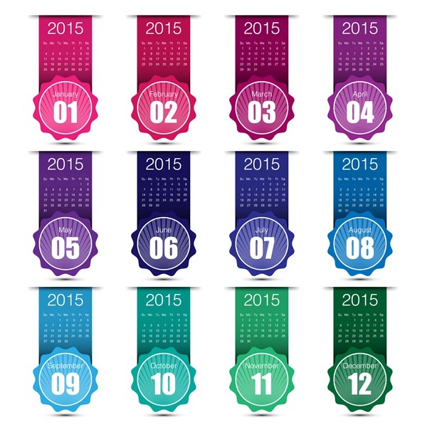 2015 年 全年 月历 矢量 eps格式 年历 日历 矢量图 其他矢量图