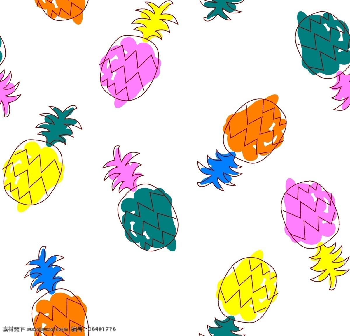 数码印花 菠萝 多色菠萝 菠萝花 手绘菠萝