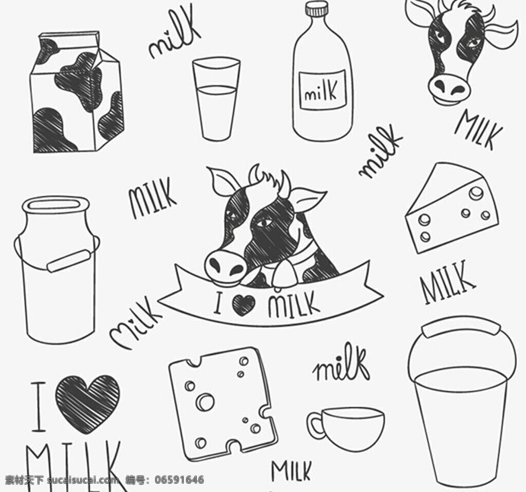 手绘 奶牛 牛奶 制品 动物 哺乳动物 牛 起司 奶酪 milk 心 杯子 马克杯 奶瓶 桶矢量素材 白色