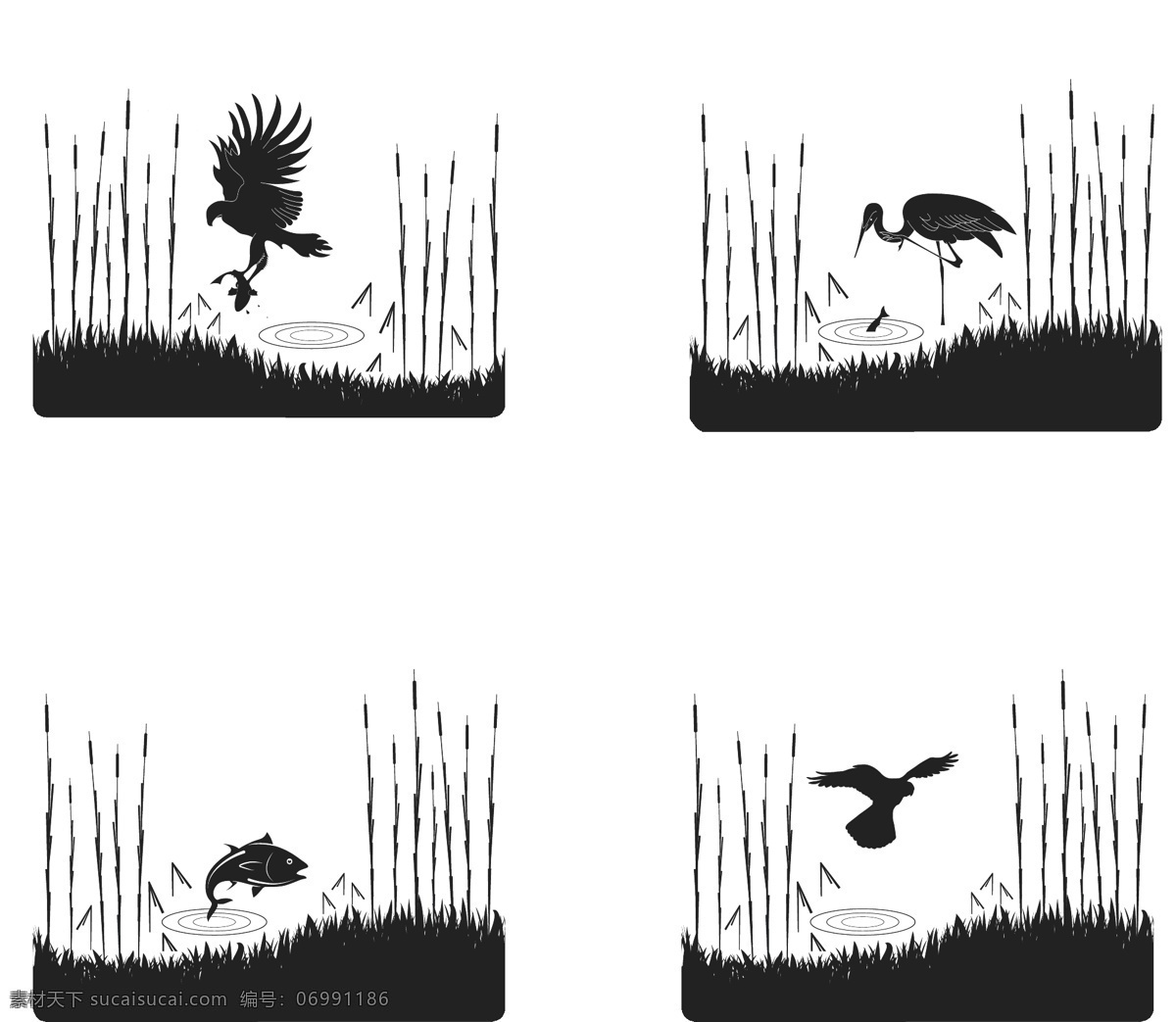 卡通 动物剪影 矢量 剪影 动物 仙鹤 黑白 丝印 图案 印花 芦苇 老鹰 鱼 河水 捕猎 飞鸟