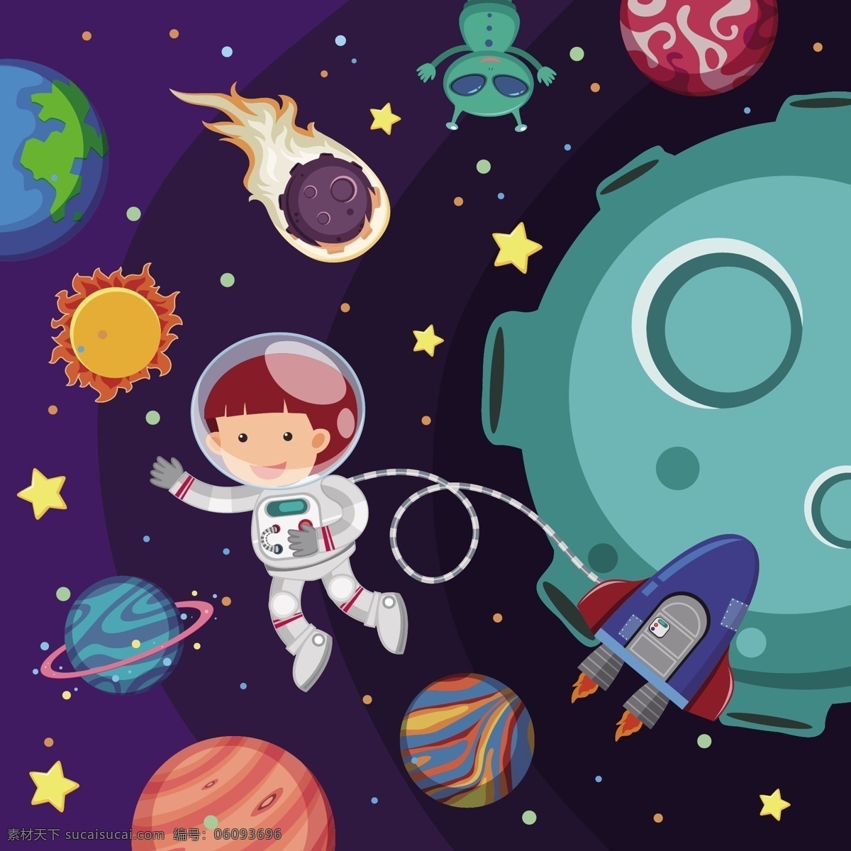 宇宙 外 太空 创意 插画 卡通 可爱 儿童 人物 宇航员 墙绘 海报 生日卡片 背景矢量 星球 球体 外太空 宇宙飞船 星星 夜空 动漫动画