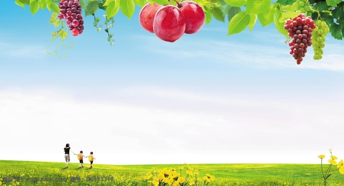 农产品 展销 背景 墙 葡萄 桃 绿叶 一家人 大人 小孩 蓝天白云 草地 向日葵 花朵 风景 自然景观 自然风光