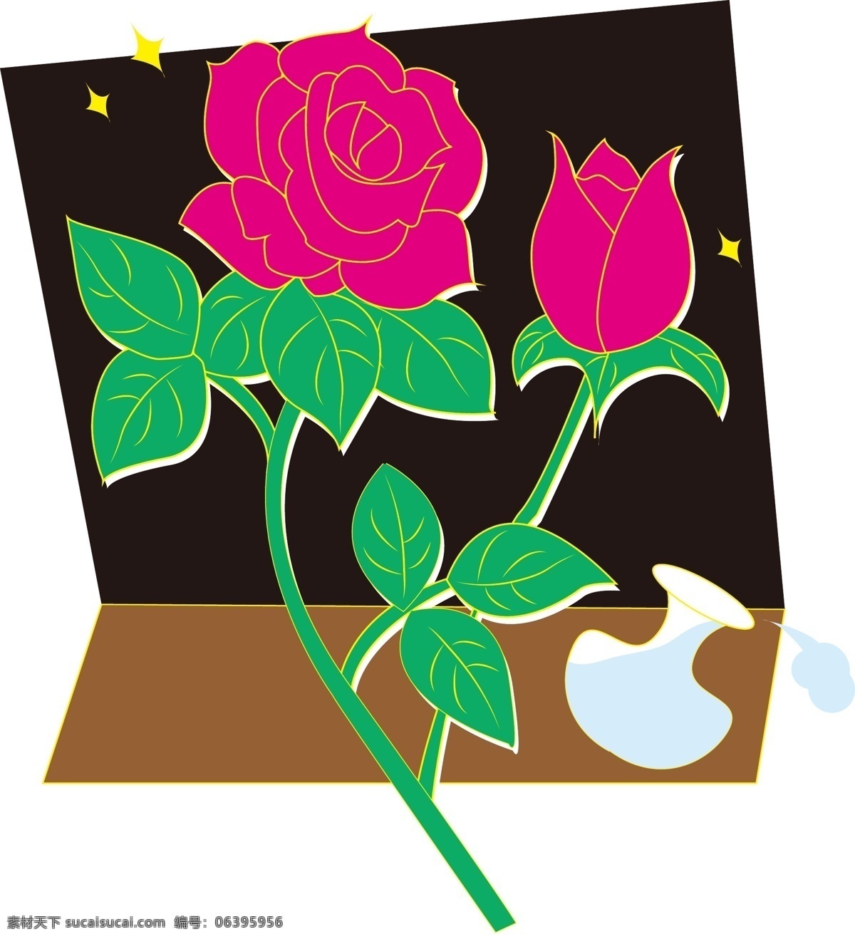 窗前 玫瑰花 装饰画 花瓶 装饰 卡通 插画风