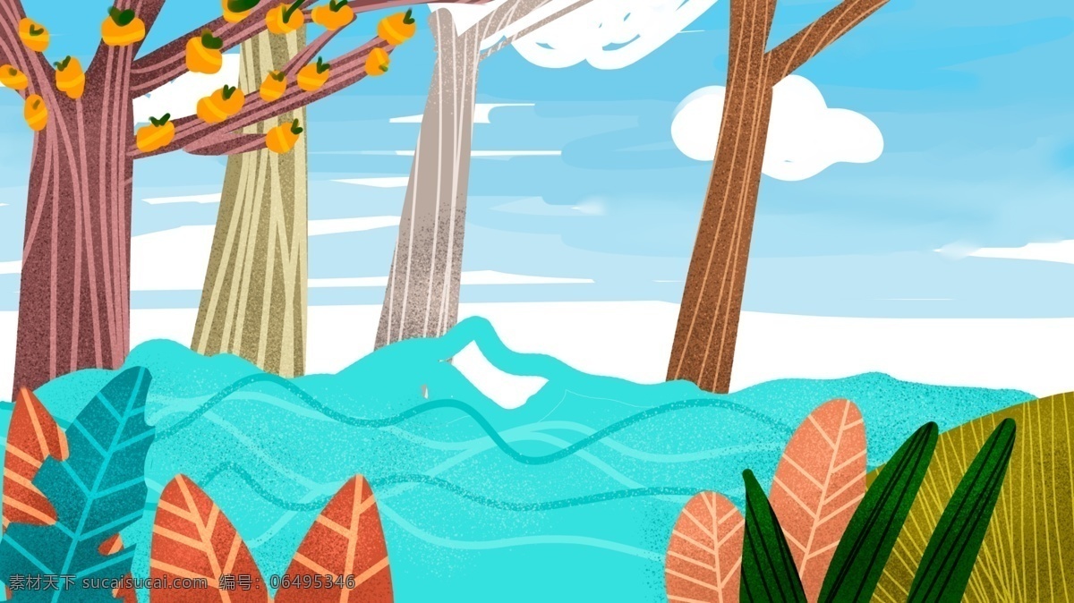 手绘 树林 中 河流 背景 白云 蓝天 树叶 背景素材 河流背景 广告背景