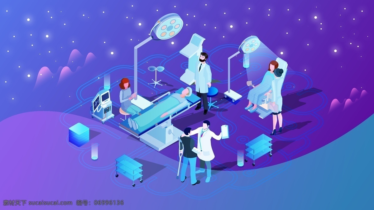 科技 未来 医院 2.5d 流光溢彩 工作的人们