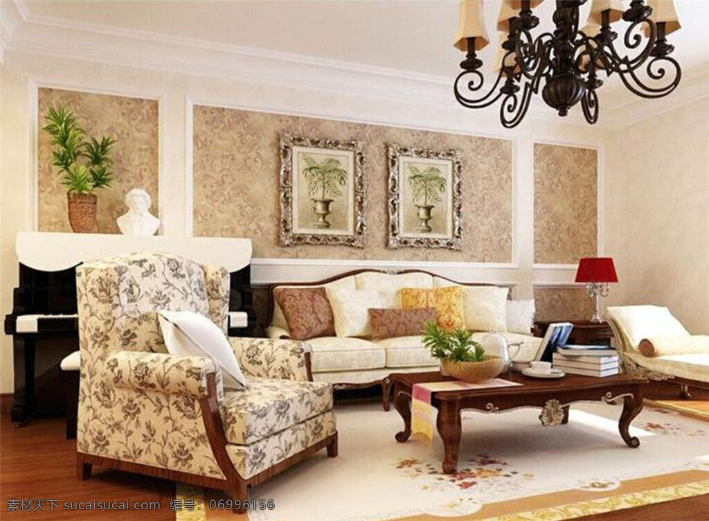 简 欧 风格 客厅 壁纸 效果图 简欧 花色沙发 原木地板