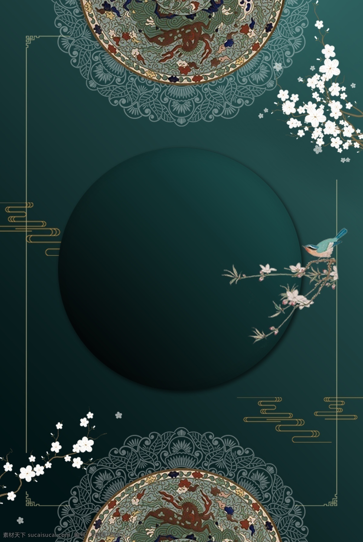新式 中国 风 墨绿 纹理 海报 背景 新式中国风 窗花 花束 复古 文艺 莫兰迪配色 高级 psd分层 海报背景
