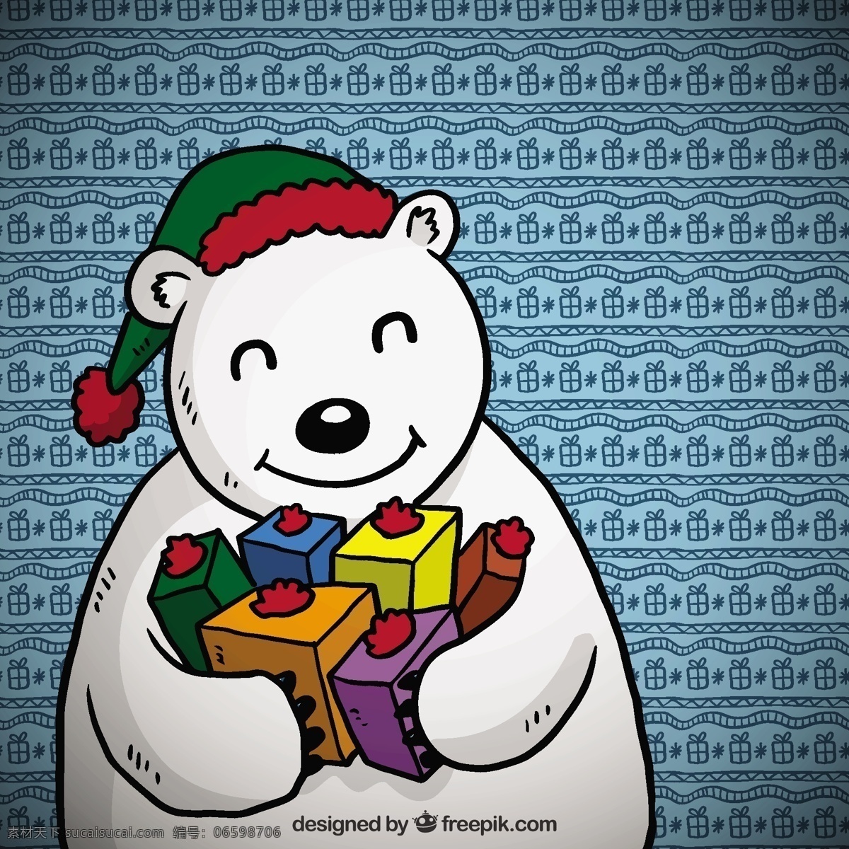 手绘 卡通 北极熊 礼品 圣诞节 一方面 动物 圣诞快乐 冬天 快乐 熊 庆祝 帽子 节日 节日快乐 礼物 插图 圣诞帽 季节的问候 卡通动物 画 白色