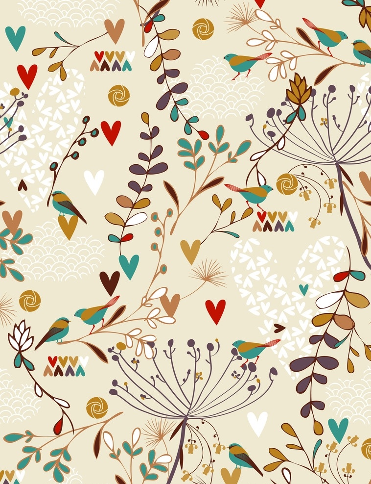 花纹底纹背景 渐变 底纹背景 花朵 古典文化 小鸟 蜂鸟 可爱 心形 手绘 线描