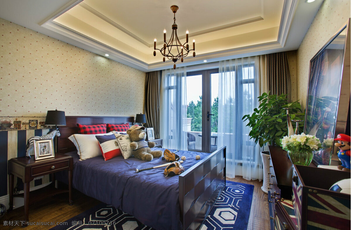 时尚 清新 卧室 深蓝色 床 品 室内装修 效果图 卧室装修 深色吊灯 木地板 蓝色图案地毯