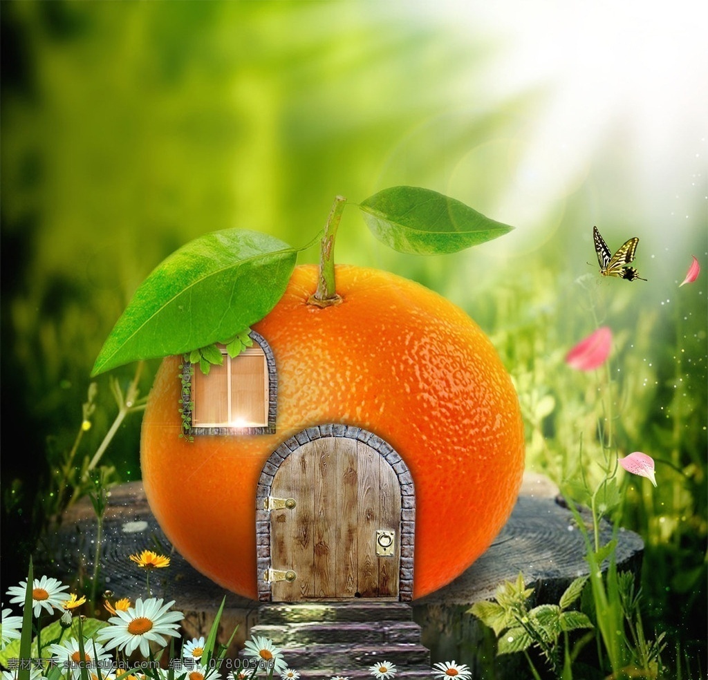 甜橙小屋 橙子 房子 门 窗户 花朵 阳光 蝴蝶 木桩 森林 草 甜橙 梦幻小屋 分层