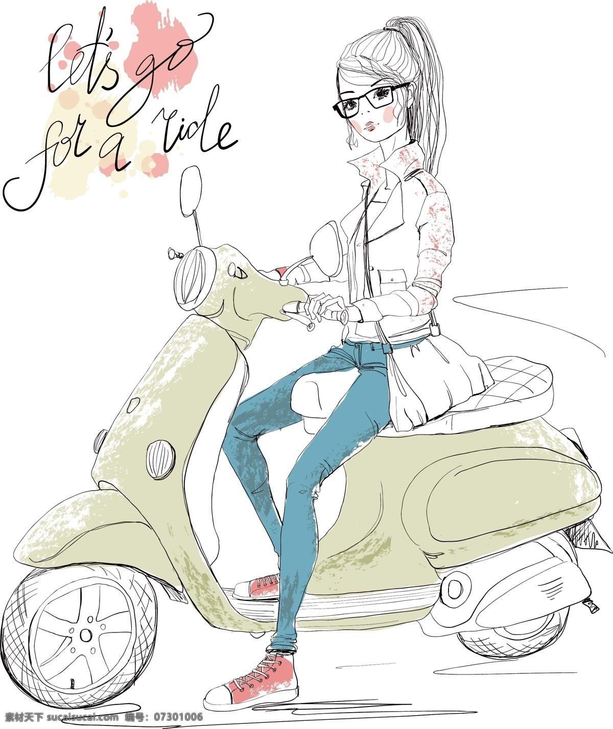 手绘 骑 摩托车 女生 插画 机车 卡通 可爱 人物 少女