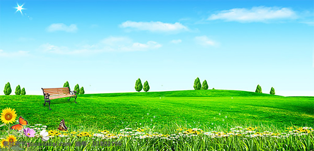 清新 春天 自然风景 分层 春天风景 草地 风景设计 风景装饰画 蓝天 白云 长椅 鲜花 绿色