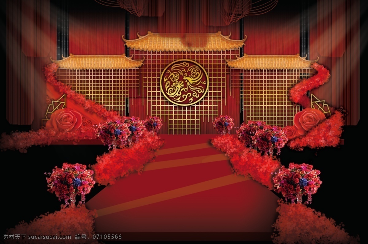 中式 红色 婚礼 效果图 龙凤 鲜花装饰 花球 水晶帘 屏风 螺旋花式 泡雕玫瑰 吊帘 纱幔装饰 宫殿造型