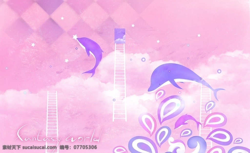 梦幻世界 云 鲸鱼 梯形 花纹 背景 红色 梦幻世界素材